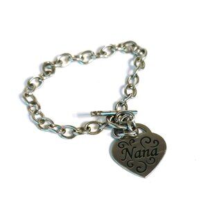 Stainless Steel Floral Design Nana Heart Charm Bracelet 7.5"